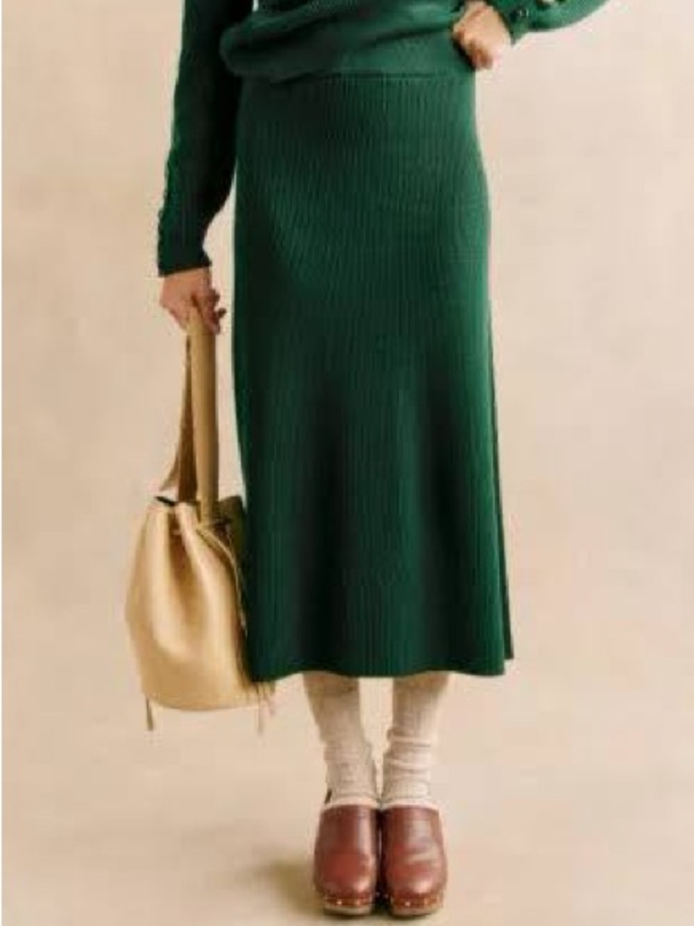 Sézane Naelle Ribbed Knit Midi Skirt – Bottle Green – Size S
